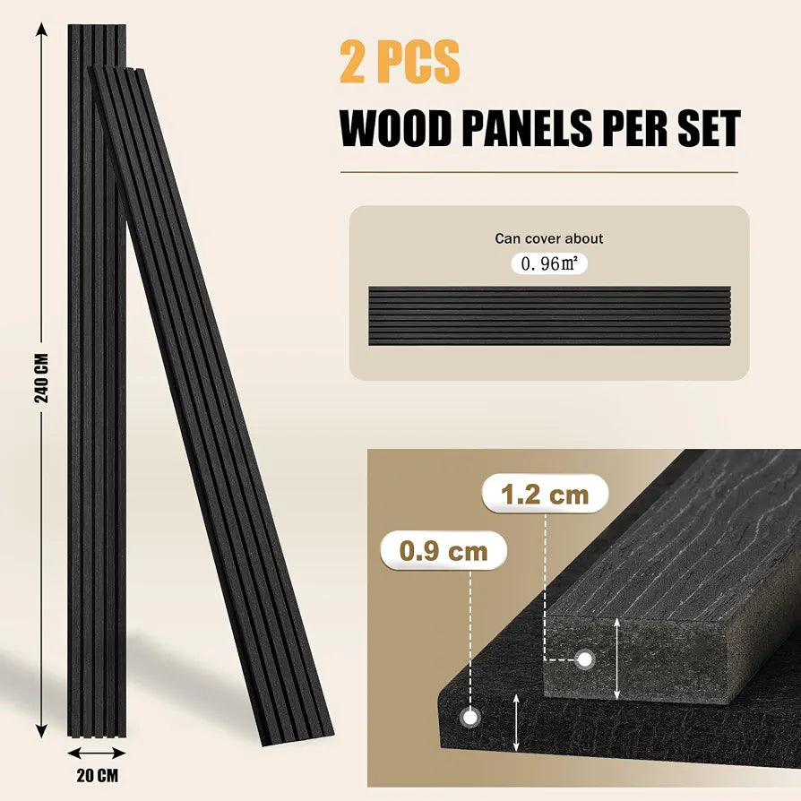 DOLLAR BOSS Wood Panels for Walls, Acoustic Wall Panels 240x20cm 2 Pack, Sound Absorbing Wooden Slats, Decorative 3D Wall Panels, Modern Wall Decor for Office, Bedroom, Kitchen Black