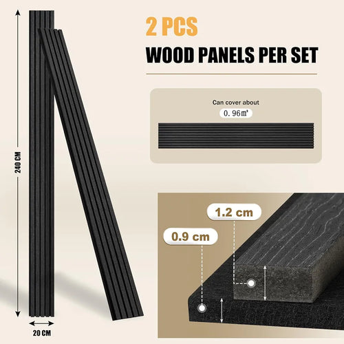 DOLLAR BOSS Wood Panels for Walls, Acoustic Wall Panels 240x20cm 2 Pack, Sound Absorbing Wooden Slats, Decorative 3D Wall Panels, Modern Wall Decor for Office, Bedroom, Kitchen Black