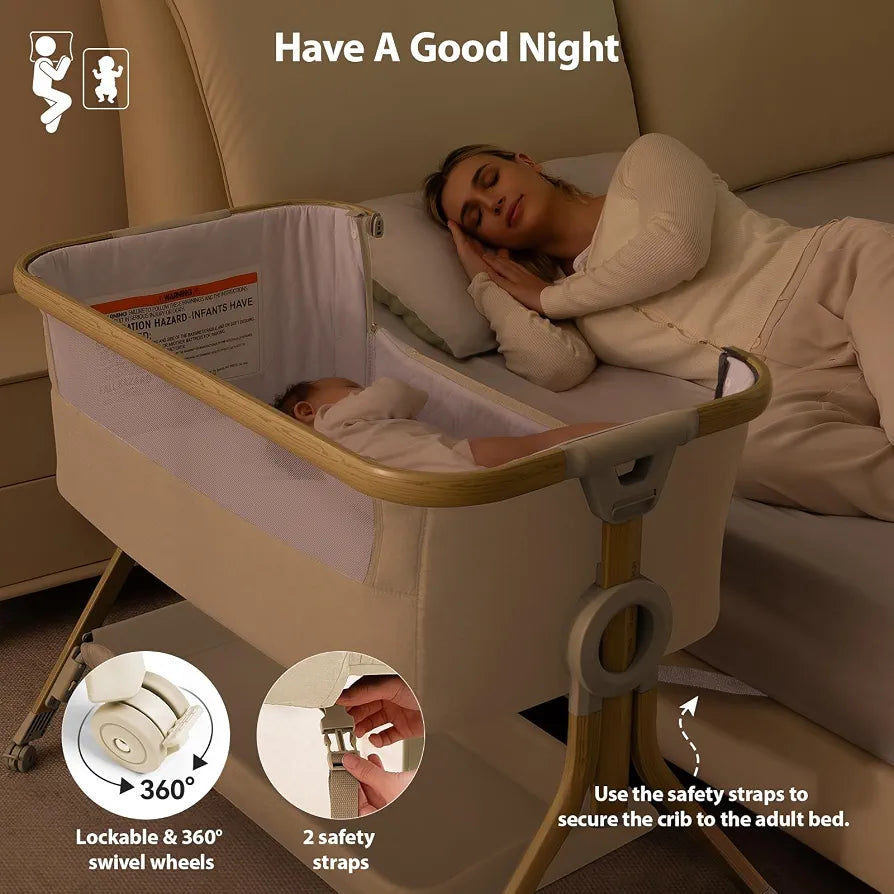 Larex Next To Me Crib，Baby Bassinet Bedside Sleeper Crib Co Sleeper with Mosquito Net, Storage Bag & Basket,Baby Crib with 5-Height Adjustable Levels, Breathable Mattress & Mesh