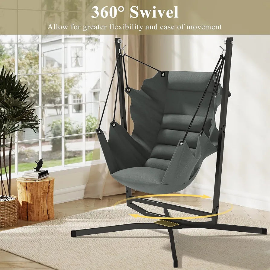 360° Swivel Hammock Swing Chair with Stand - Comfortable Hanging Chair with Cushions  for Indoor/Outdoor Use - Perfect for Bedroom, Patio, Porch, Deck, Garden, Balcony
