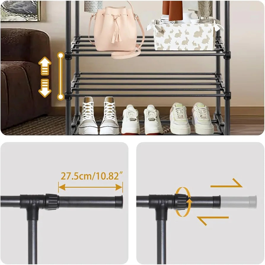 Hershii Adjustable Clothes Rack with 2 Shelves Double Rod Clothing Hanging Rail 85-140cm L Garment Storage Stand Coat Organizer for Bedroom, Living Room, Balcony