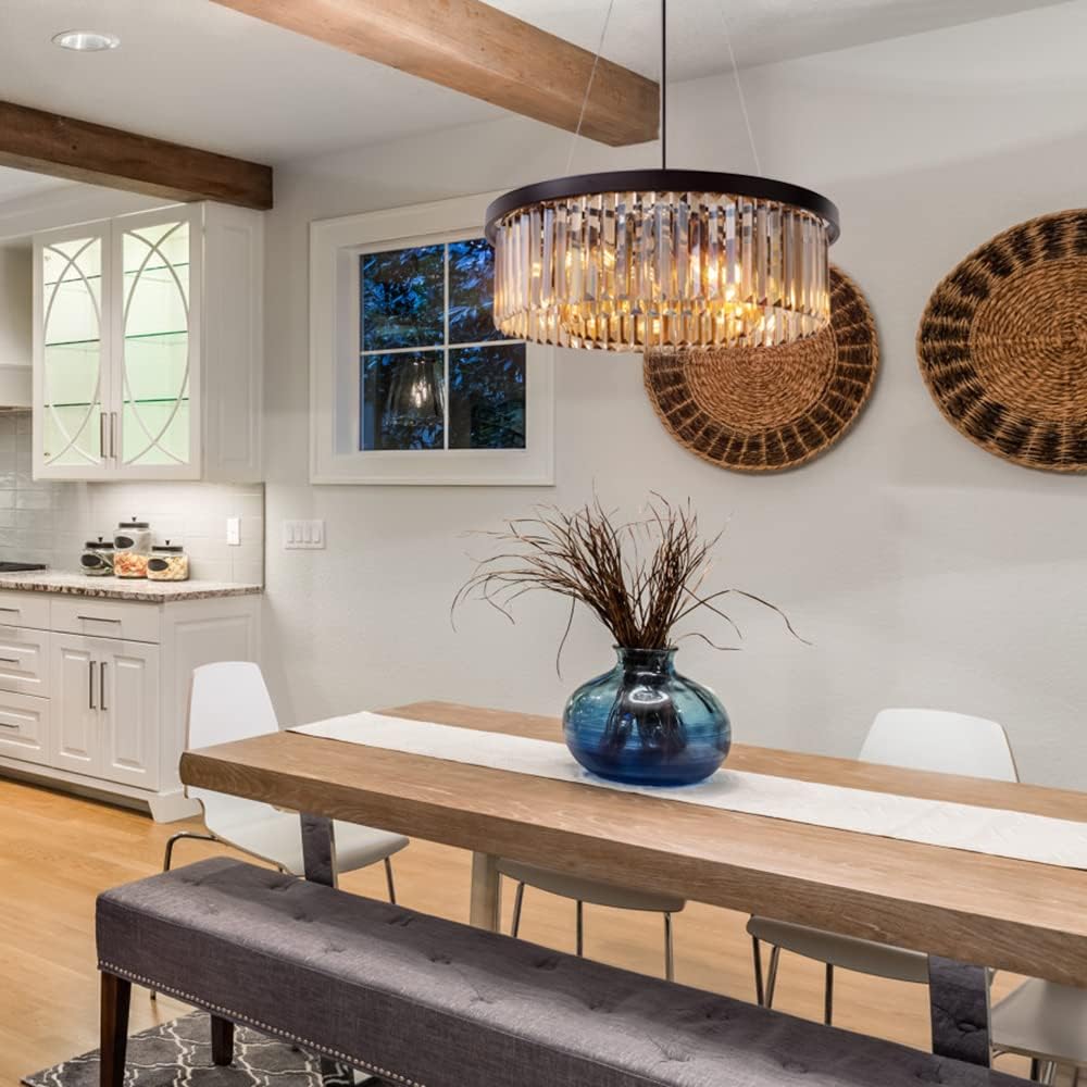 Wellmet Drum Gold Crystal Chandelier, for Foyer Dining Room, 6 Lights Modern Crystal Pendant Light, Vintage Ceiling Lighting Fixture for Kitchen Island, Living Room, Bedroom, Hallway