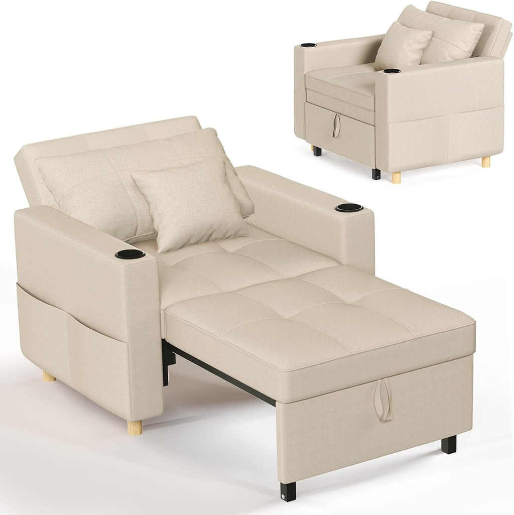 3-in-1 Single Sofa Bed Chair, Adjustable with Cup Holders, Beige