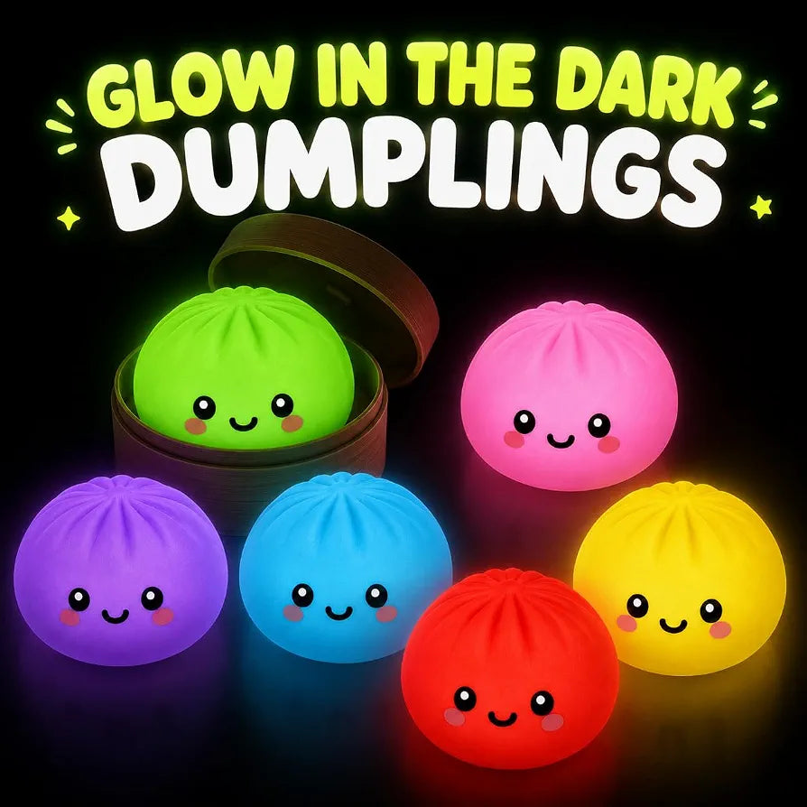 Glow in Dark Dumpling Toy 8.5cm - 1x Random Mystery Surprise Bao Bun Dumpling with Steamer Box, Air Filled Squishy Viral Dumpling, Fidget Toys for Kids 3+