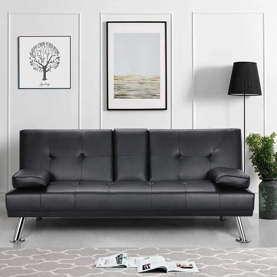 Yaheetech Click Clack Sofa Bed Faux Leather 3 Seater Sofa Couch Living Room/Spare Room/Guest Room Bed Settee With Cup Holders Black