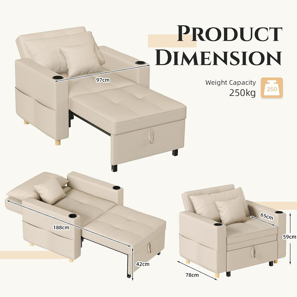 3-in-1 Single Sofa Bed Chair, Adjustable with Cup Holders, Beige