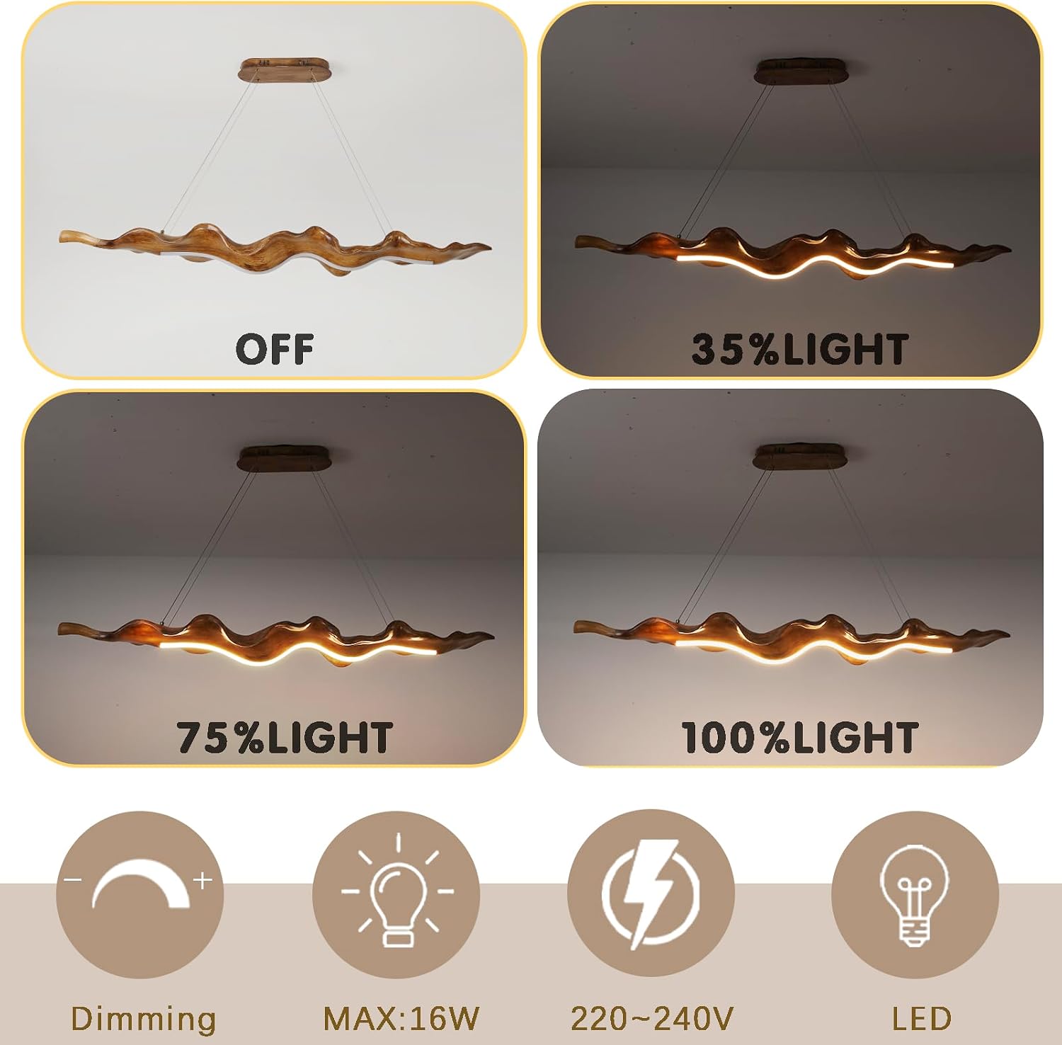52W Kitchen Island Pendant Light 3000K-6000K Dimmable Chandeliers Hanging Lamp Adjustable with Remote Control, Wood Leaf Style LED Lighting for Kitchen Bedroom Study, 100Cm
