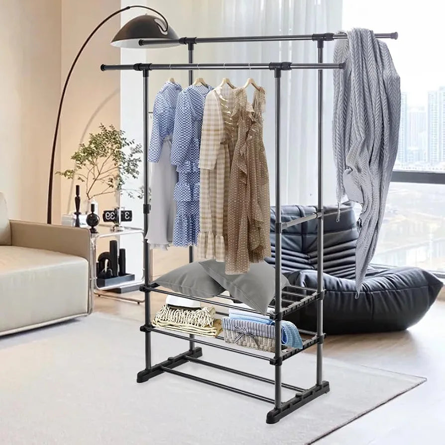 Hershii Adjustable Clothes Rack with 2 Shelves Double Rod Clothing Hanging Rail 85-140cm L Garment Storage Stand Coat Organizer for Bedroom, Living Room, Balcony