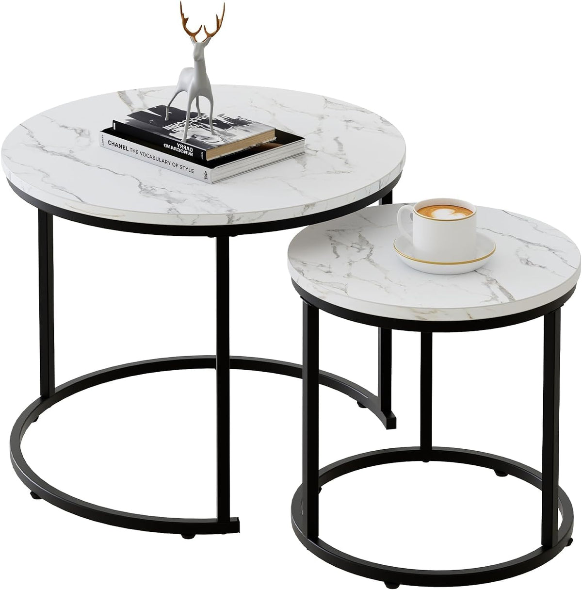 Coffee Table,Round Nest of Tables Set of 2 for Living Room,Marble Center Tea Table with Metal Frame,End Side table for Small Space/Living Room/Bedroom, White Black
