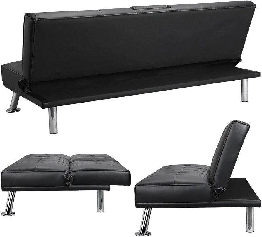 Yaheetech Click Clack Sofa Bed Faux Leather 3 Seater Sofa Couch Living Room/Spare Room/Guest Room Bed Settee With Cup Holders Black