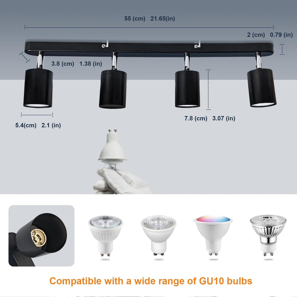Ceiling Spotlights Black, 5W GU10 6000K Cool White 4 Way Rotatable Kitchen Lights for Ceiling, Wall-mountable