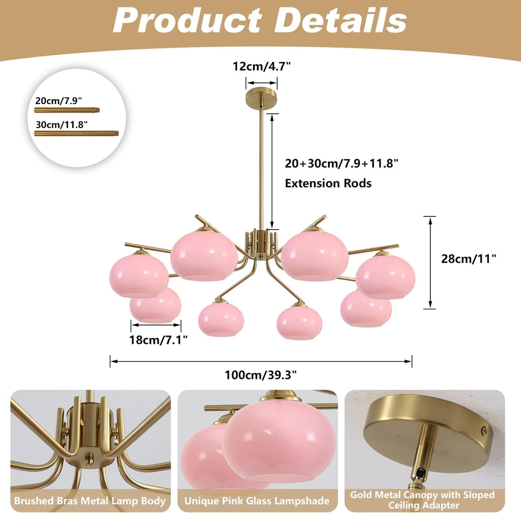 KCO Lighting Vintage Pink Glass Sputnik Chandelier with 8 Lights, Modern Living Room Brushed Brass Semi-Flush Mount Chandelier for Kitchen Island