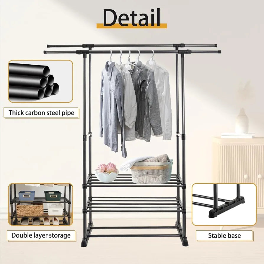 Hershii Adjustable Clothes Rack with 2 Shelves Double Rod Clothing Hanging Rail 85-140cm L Garment Storage Stand Coat Organizer for Bedroom, Living Room, Balcony