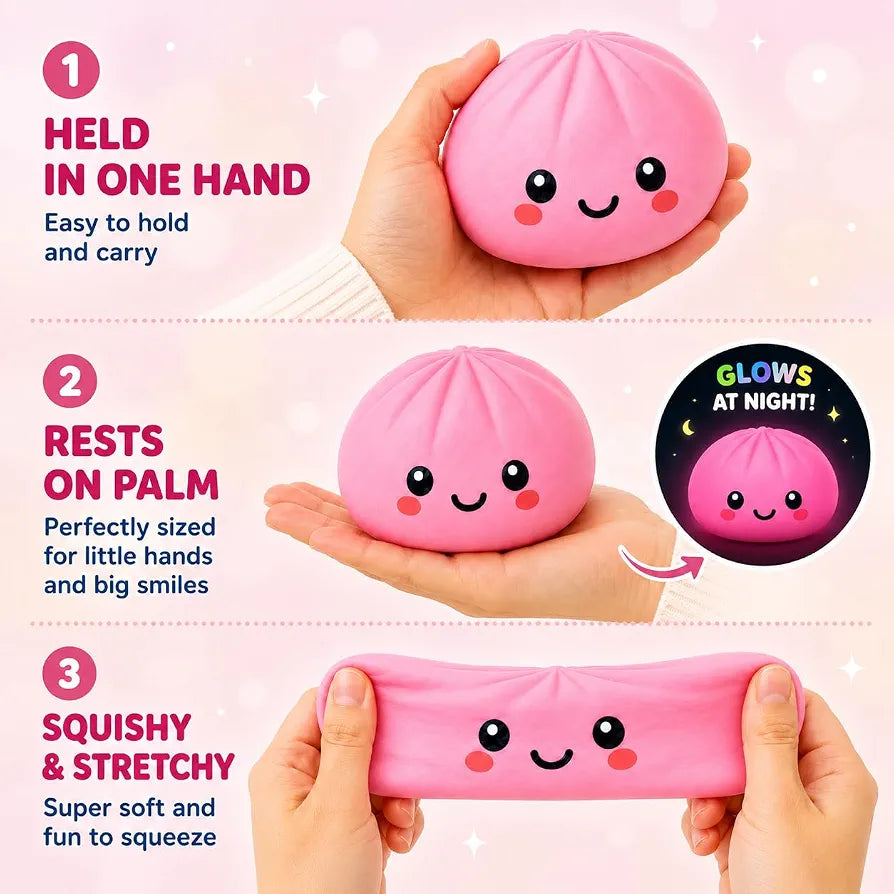 Glow in Dark Dumpling Toy 8.5cm - 1x Random Mystery Surprise Bao Bun Dumpling with Steamer Box, Air Filled Squishy Viral Dumpling, Fidget Toys for Kids 3+