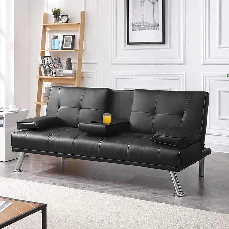Yaheetech Click Clack Sofa Bed Faux Leather 3 Seater Sofa Couch Living Room/Spare Room/Guest Room Bed Settee With Cup Holders Black