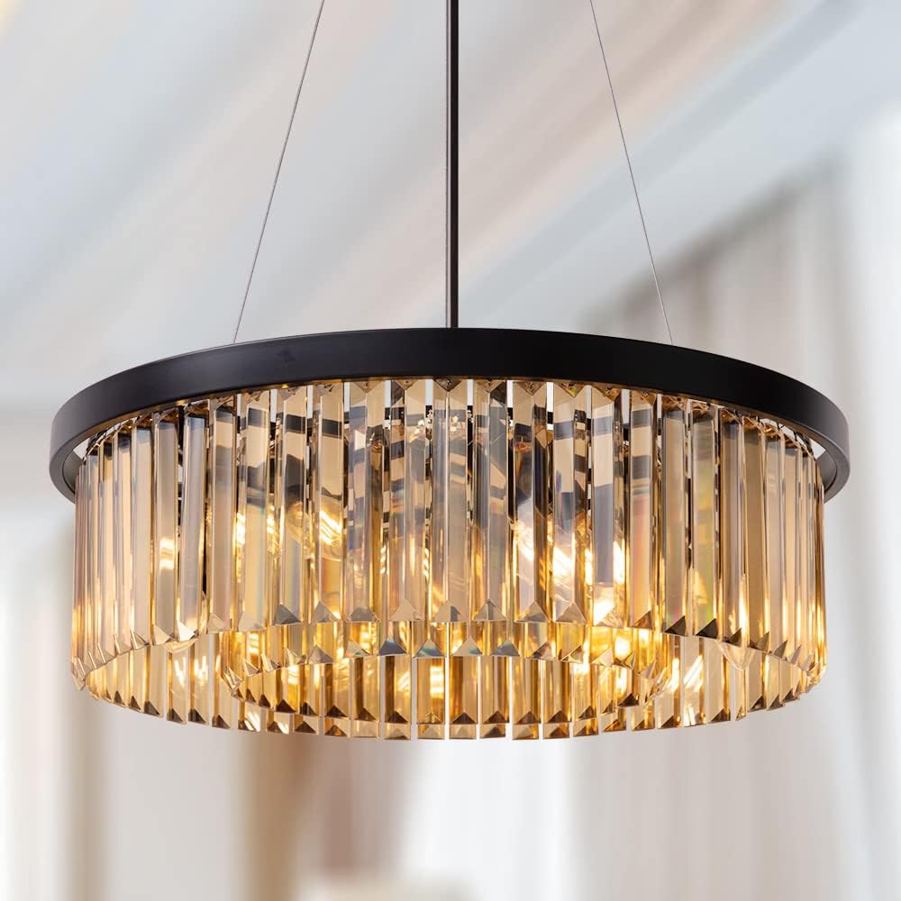 Wellmet Drum Gold Crystal Chandelier, for Foyer Dining Room, 6 Lights Modern Crystal Pendant Light, Vintage Ceiling Lighting Fixture for Kitchen Island, Living Room, Bedroom, Hallway