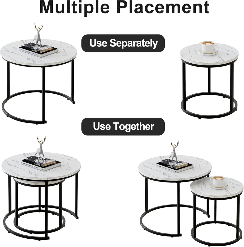 Coffee Table,Round Nest of Tables Set of 2 for Living Room,Marble Center Tea Table with Metal Frame,End Side table for Small Space/Living Room/Bedroom, White Black