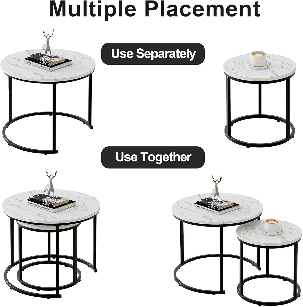 Coffee Table,Round Nest of Tables Set of 2 for Living Room,Marble Center Tea Table with Metal Frame,End Side table for Small Space/Living Room/Bedroom, White Black