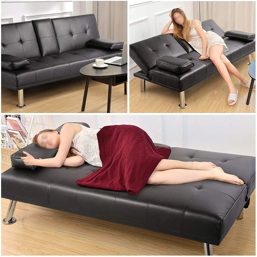 Yaheetech Click Clack Sofa Bed Faux Leather 3 Seater Sofa Couch Living Room/Spare Room/Guest Room Bed Settee With Cup Holders Black