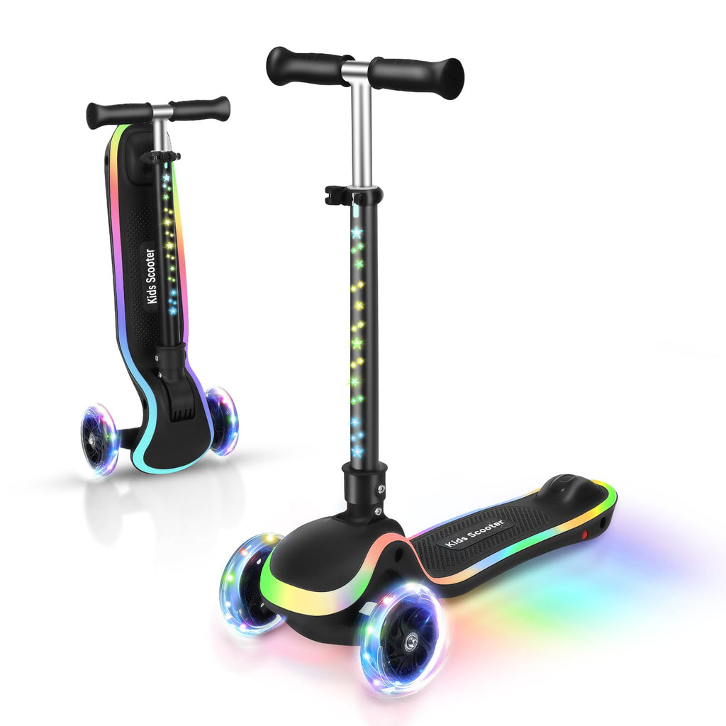 2 in 1 Scooter for Kids, 3 Wheel Toddler Scooter with Flip-able Seat, Easy Folding, Flashing Lights, Adjustable Height, Lean to Steer, Kick Scooter for Boys & Girls Ages 2-10 Black