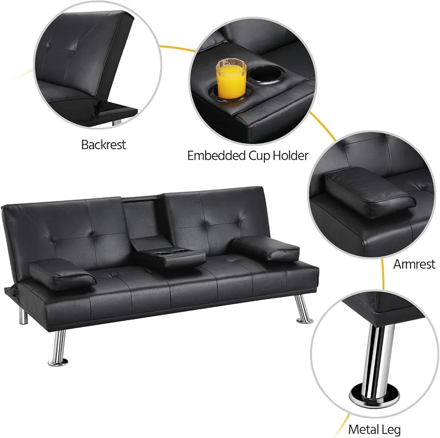 Yaheetech Click Clack Sofa Bed Faux Leather 3 Seater Sofa Couch Living Room/Spare Room/Guest Room Bed Settee With Cup Holders Black
