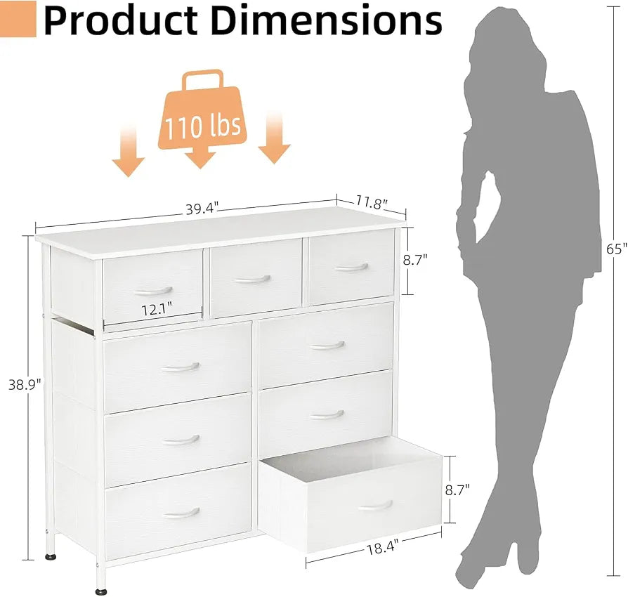CAIYUN Chest of Drawers with 9 Drawers, Fabric Storage Dresser for Bedroom, Tall Drawer Organizer Unit for Entryway, Hallway, White