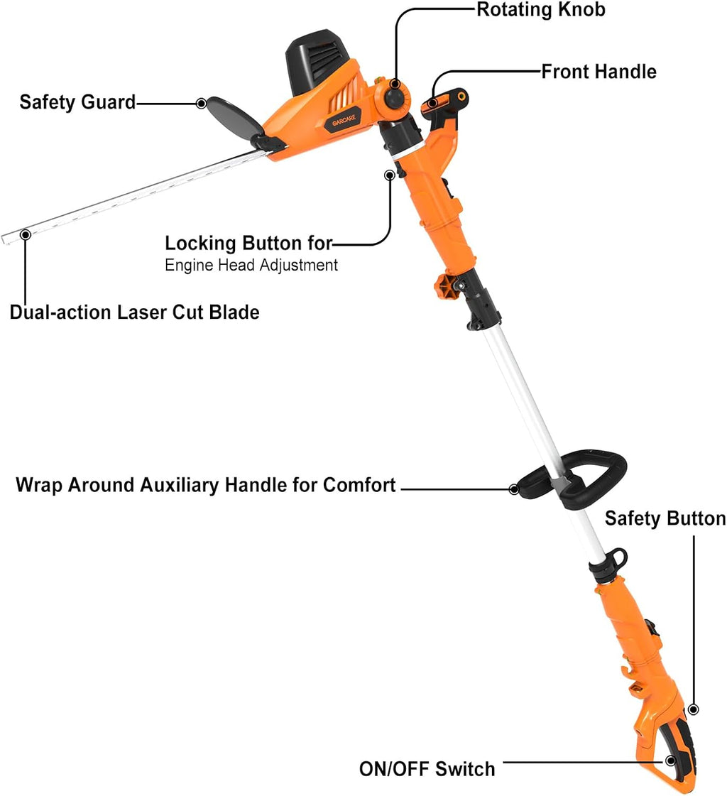 GARCARE 2-in-1 Electric Hedge Trimmer & Pole Pruner 4.8A 20" Laser Blade