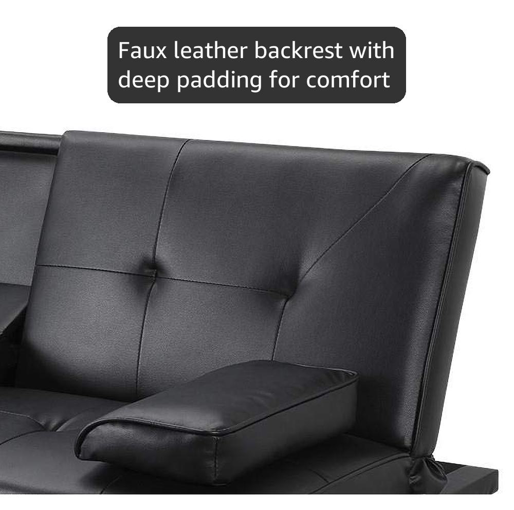 Yaheetech Click Clack Sofa Bed Faux Leather 3 Seater Sofa Couch Living Room/Spare Room/Guest Room Bed Settee With Cup Holders Black