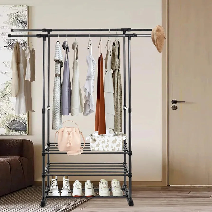 Hershii Adjustable Clothes Rack with 2 Shelves Double Rod Clothing Hanging Rail 85-140cm L Garment Storage Stand Coat Organizer for Bedroom, Living Room, Balcony