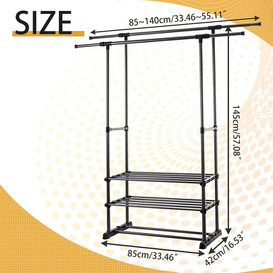 Hershii Adjustable Clothes Rack with 2 Shelves Double Rod Clothing Hanging Rail 85-140cm L Garment Storage Stand Coat Organizer for Bedroom, Living Room, Balcony