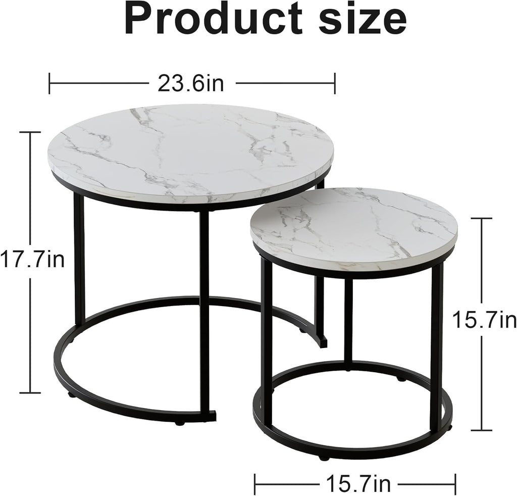 Coffee Table,Round Nest of Tables Set of 2 for Living Room,Marble Center Tea Table with Metal Frame,End Side table for Small Space/Living Room/Bedroom, White Black