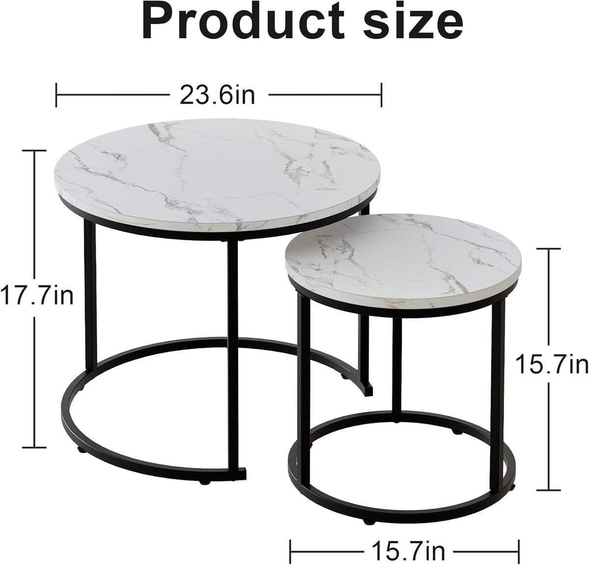 Coffee Table,Round Nest of Tables Set of 2 for Living Room,Marble Center Tea Table with Metal Frame,End Side table for Small Space/Living Room/Bedroom, White Black