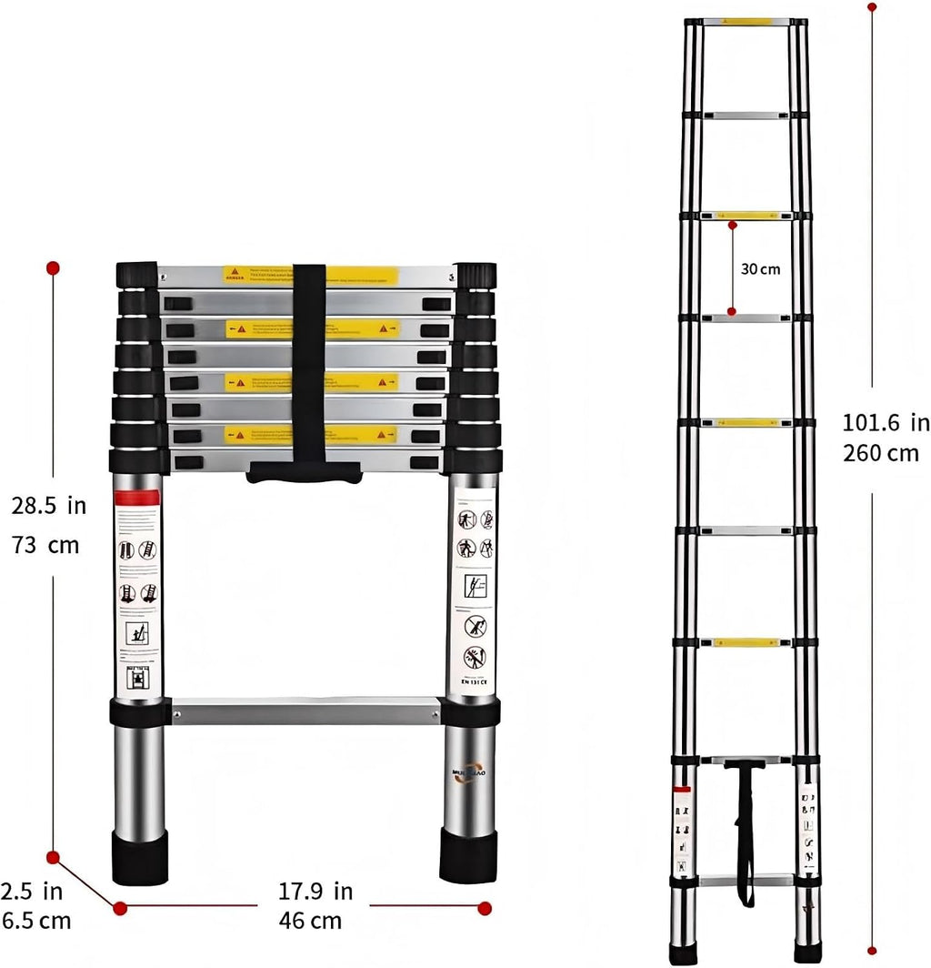 Telescopic Ladders - 8.5Ft 2.6M Telescoping Extendable Aluminium Folding Extension Extendable Portable 9 Steps 150kg Capacity Loft Collapsible