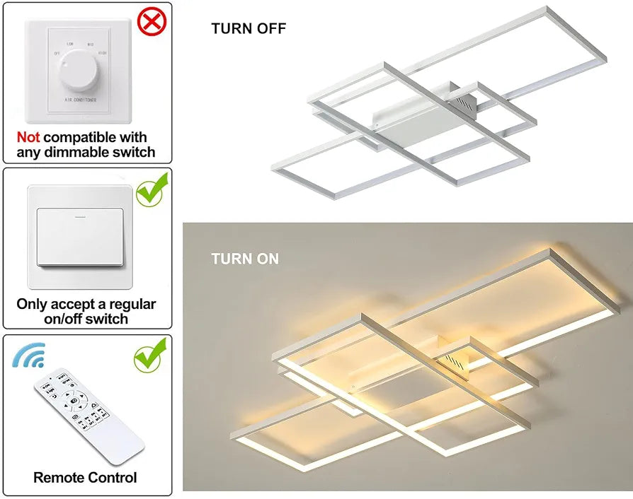 White Modern LED Ceiling Light, Dimmable Remote Control, 50W, 90cm