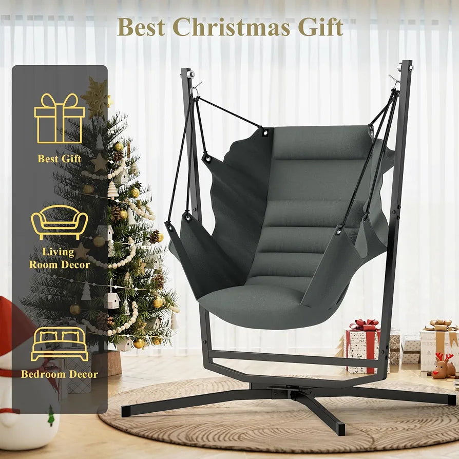 360° Swivel Hammock Swing Chair with Stand - Comfortable Hanging Chair with Cushions  for Indoor/Outdoor Use - Perfect for Bedroom, Patio, Porch, Deck, Garden, Balcony