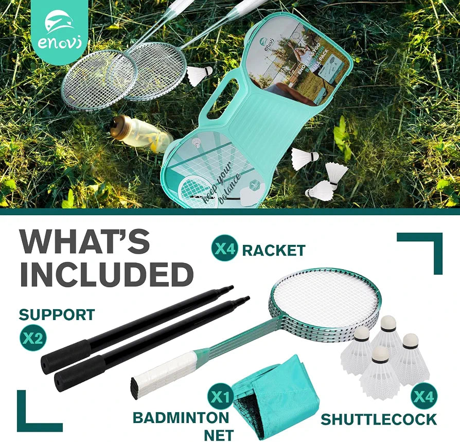 EasyGo Badminton Set, with Net, 4 Racket, 4 Birdies, Portable Storage Box, for Backyards, Outdoor Games