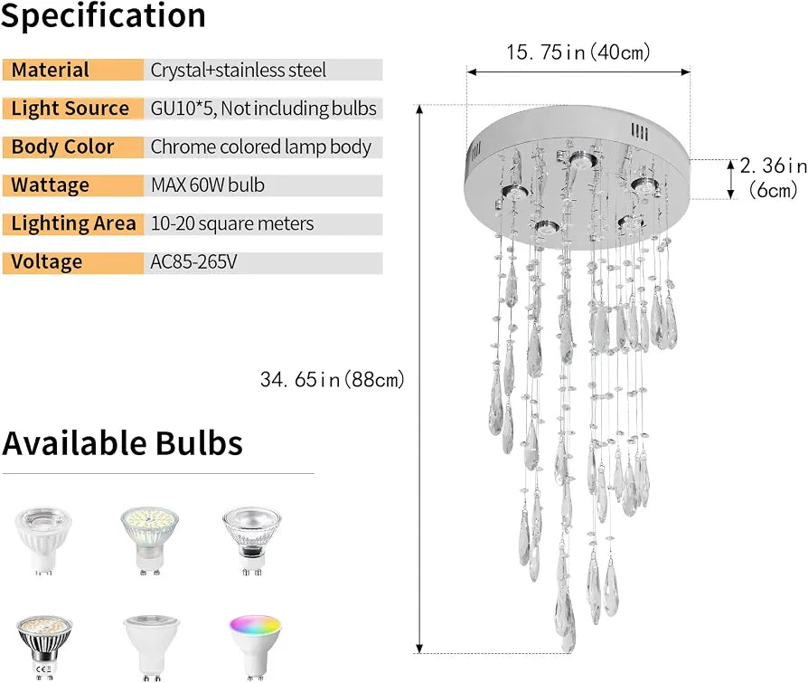 Spiral Raindrop Waterfall Crystal Chandelier Drop 88cm for High Ceilings