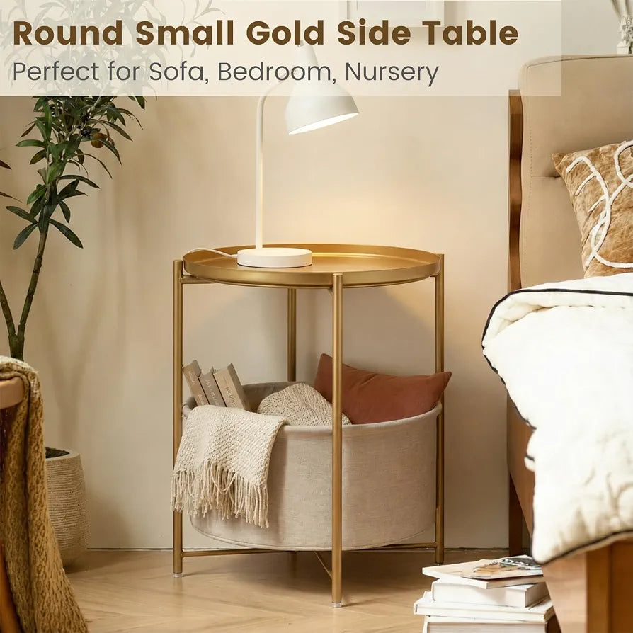 danpinera Gold Side Table with Basket, Small Round Table for Living Room