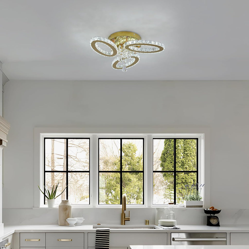 VETRULUS Crystal Chandelier Gold Flush Mount Light Dining Room Tri-Color