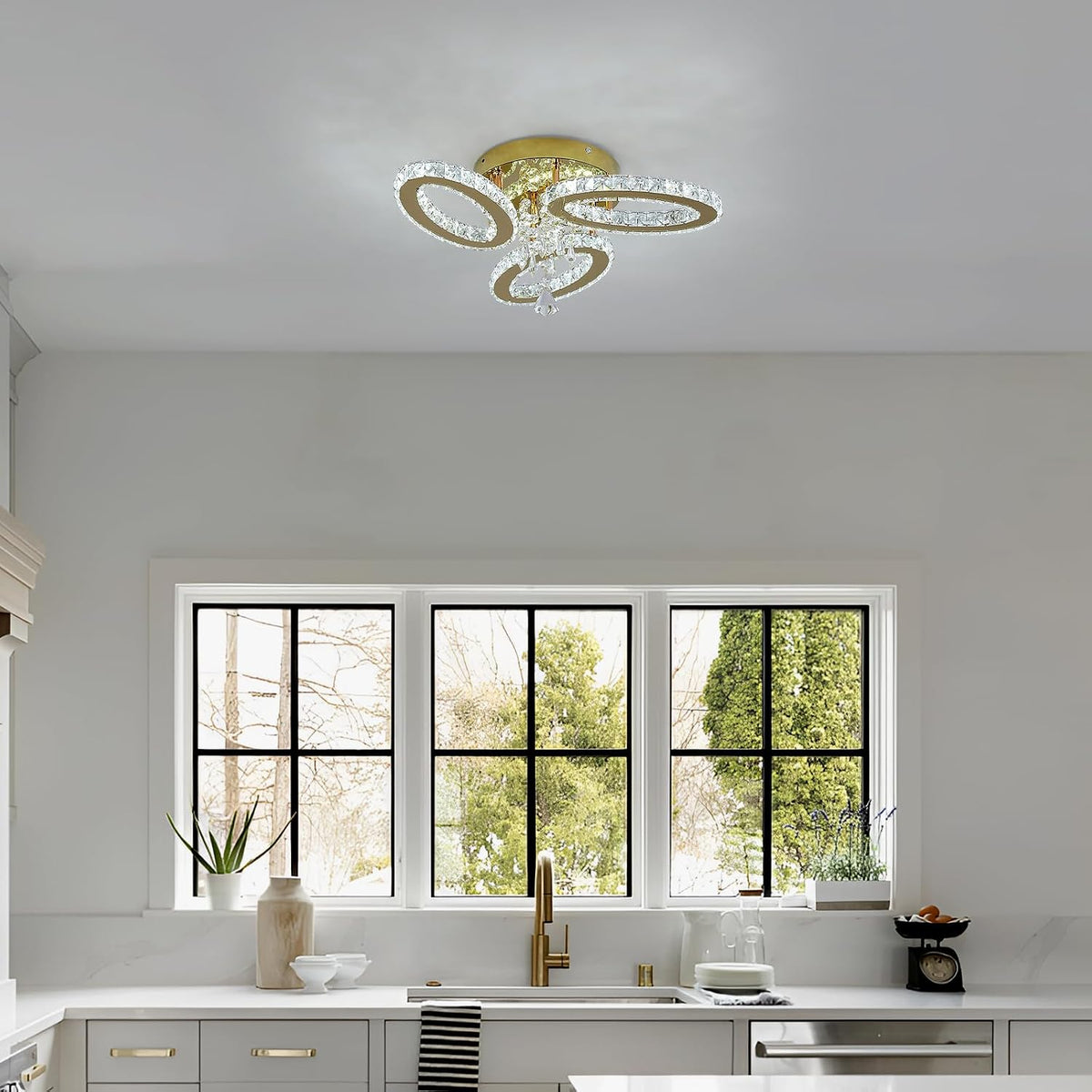 VETRULUS Crystal Chandelier Gold Flush Mount Light Dining Room Tri-Color