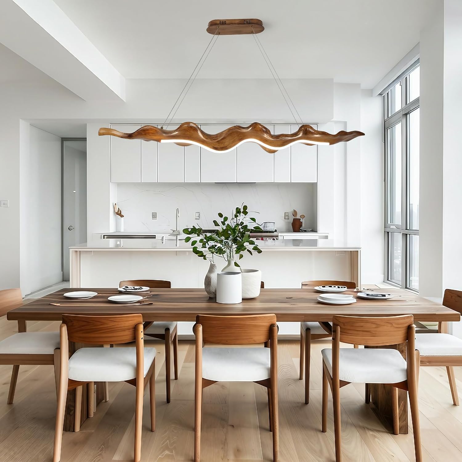 52W Kitchen Island Pendant Light 3000K-6000K Dimmable Chandeliers Hanging Lamp Adjustable with Remote Control, Wood Leaf Style LED Lighting for Kitchen Bedroom Study, 100Cm