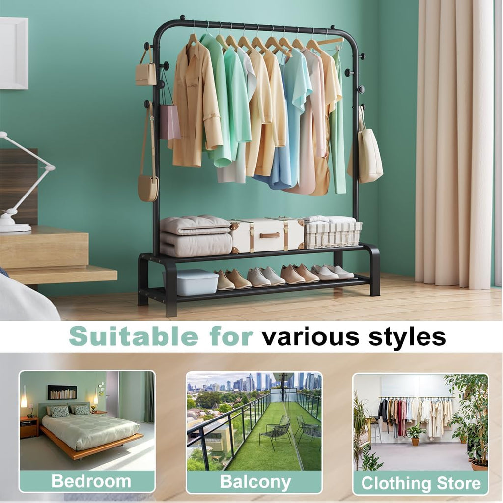 Heavy Duty Clothes Rail for Bedroom, Metal Coat Stand Rack, Freestanding Clothing Garment Hanging Rails, Clothes Storage Organiser, 2 Tiers Shoe Rack+6 Side Hooks Storage Shelf (Black)