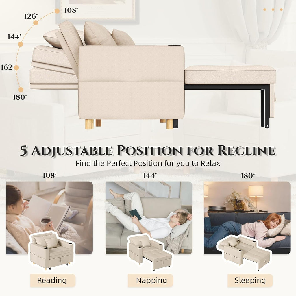 3-in-1 Single Sofa Bed Chair, Adjustable with Cup Holders, Beige