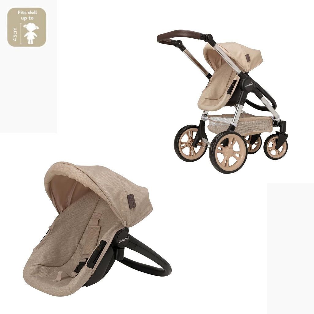 Celuna Premium Stone Dolls Travel System with 4 Pram Modes | Adjustable Handle 66.5–75cm | Foldable Dolls Pram & Pushchair