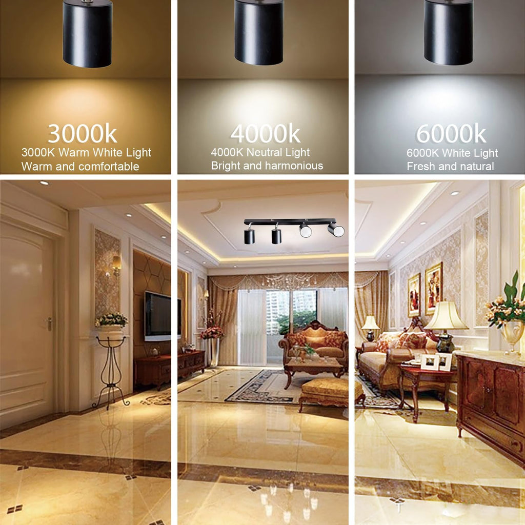 Ceiling Spotlights Black, 5W GU10 6000K Cool White 4 Way Rotatable Kitchen Lights for Ceiling, Wall-mountable