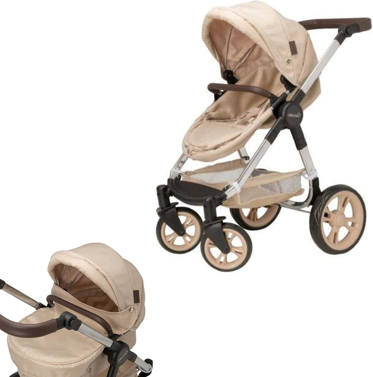 Celuna Premium Stone Dolls Travel System with 4 Pram Modes | Adjustable Handle 66.5–75cm | Foldable Dolls Pram & Pushchair