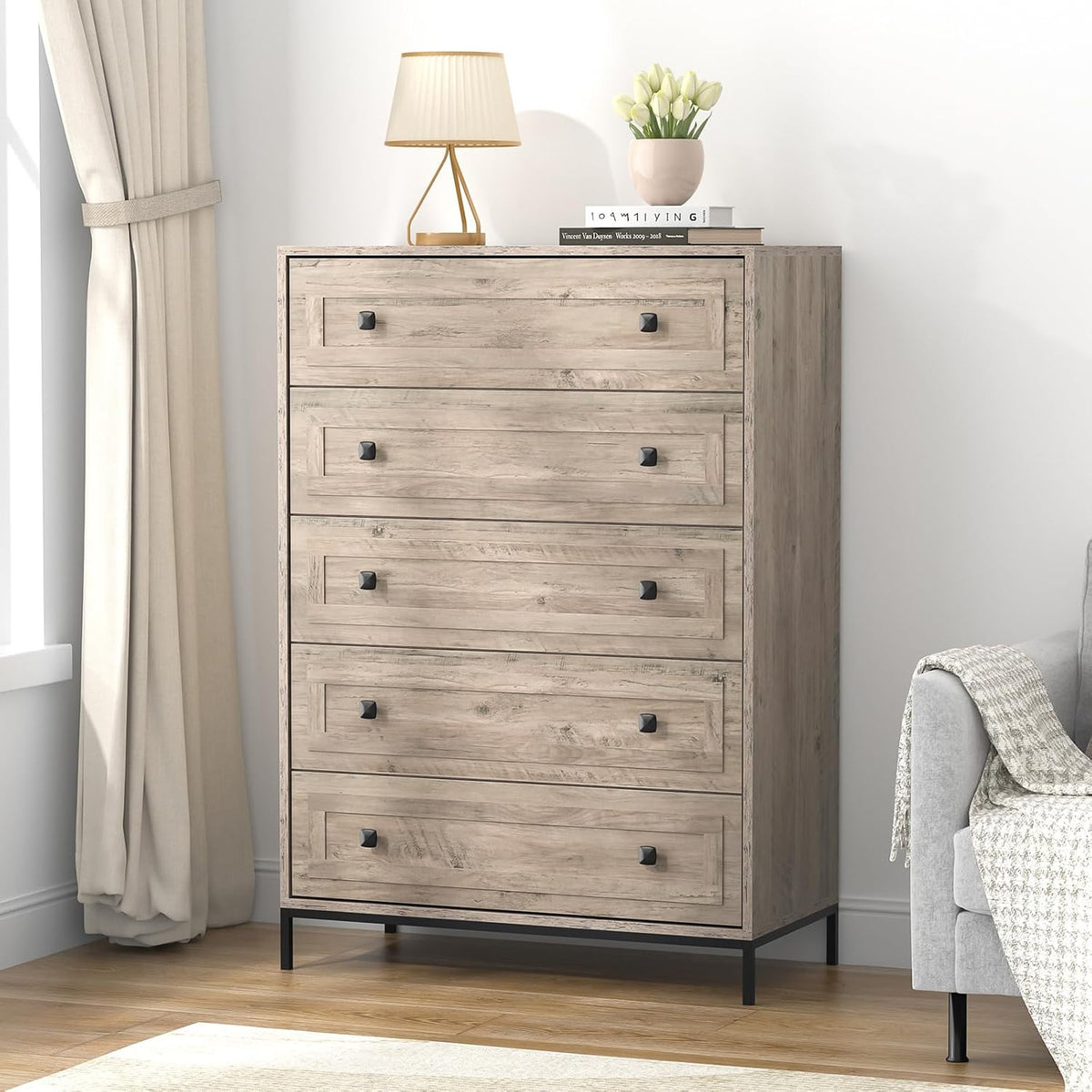Chest of Drawers, Wood 5 Drawers Cabinet for Bedroom, Storage Unit with Metal Legs, Large Clothes Storage Dresser Organizer for Living Room Hallway, 115x80x40cm