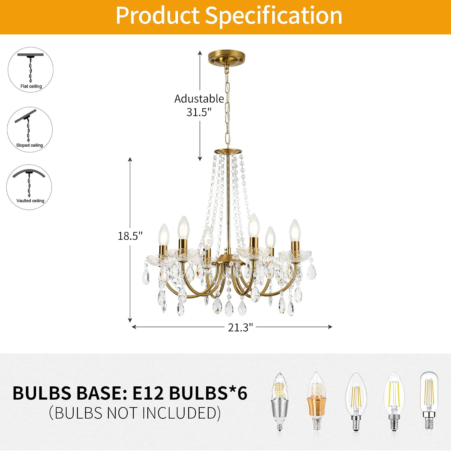 Crystal Chandelier,K9 Crystal Pendant Lighting for Living Room Golden Ceiling Fixture for Wedding,Kitchen,Dining,Foyer,H 18.5" x W 21.3"