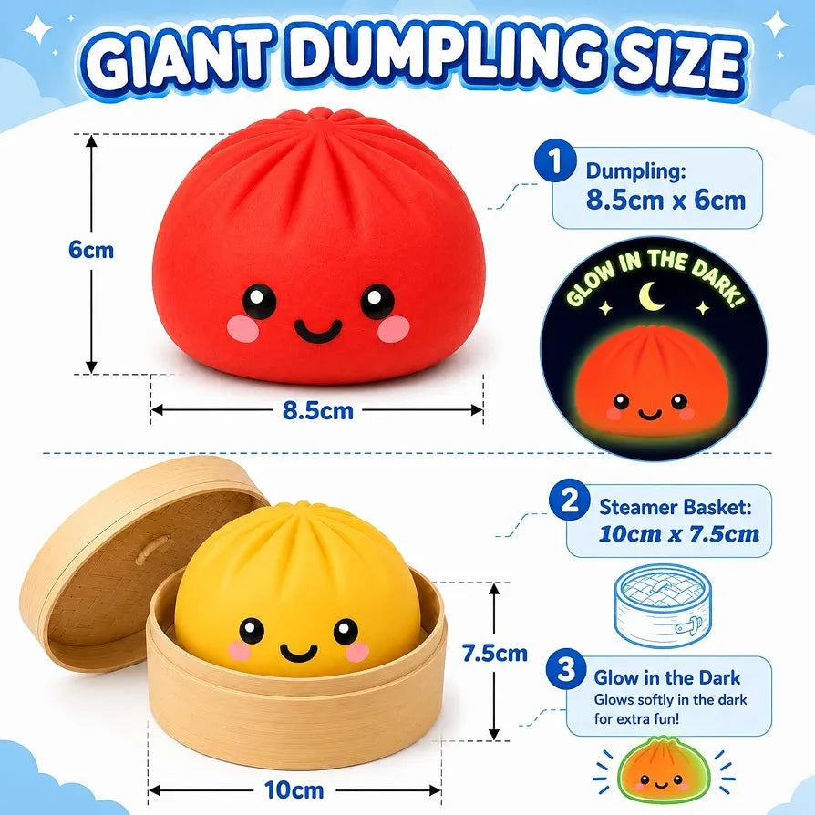 Glow in Dark Dumpling Toy 8.5cm - 1x Random Mystery Surprise Bao Bun Dumpling with Steamer Box, Air Filled Squishy Viral Dumpling, Fidget Toys for Kids 3+