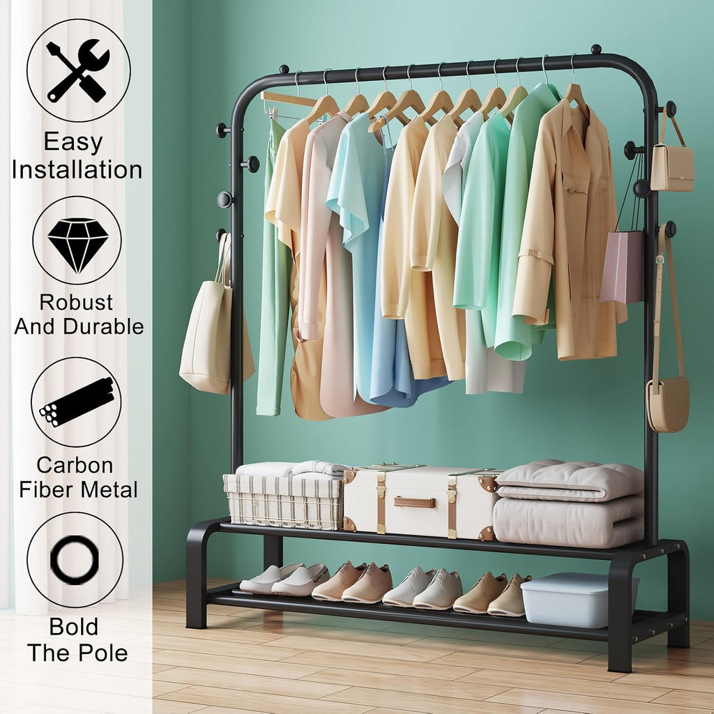 Heavy Duty Clothes Rail for Bedroom, Metal Coat Stand Rack, Freestanding Clothing Garment Hanging Rails, Clothes Storage Organiser, 2 Tiers Shoe Rack+6 Side Hooks Storage Shelf (Black)